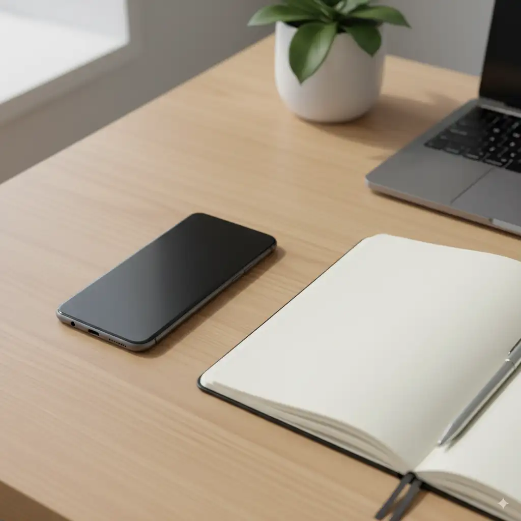 A phone resting on a desk beside a notepad (calm, professional) Contact PCRMT vis SMS, Email, or Voicemail