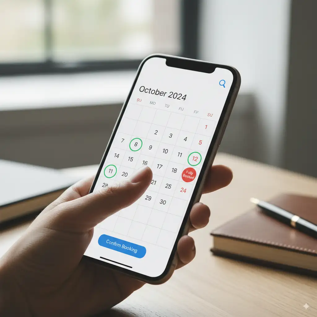 hand holding smartohne using booking calendar app - Point Cook Remedial Massage Therapy Easily book online with PCRMT