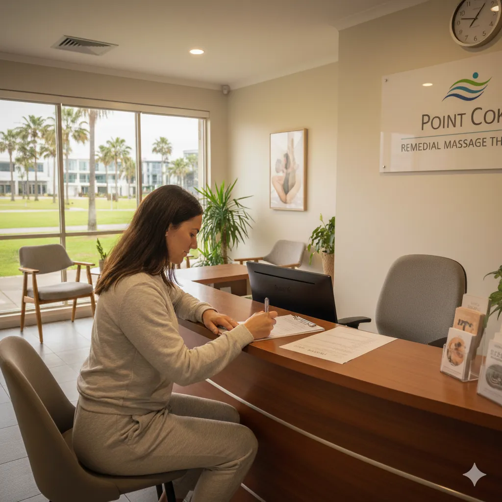 Filling in client intake form - Point Cook Remedial Massage Therapy Client filling intake form in readiness for massage near point cook