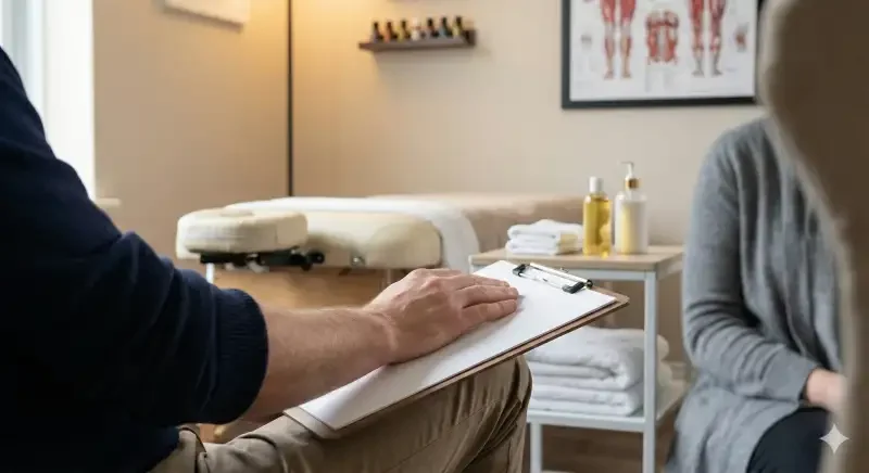 Therapist doing client intake in calm professional manner_1 Therapist discussing treatment goals with a client during a consultation, shown from an over-the-shoulder viewpoint